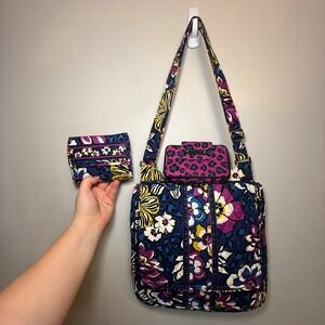 Vera Bradley African Violet Floral Quilted Messenger Crossbody Bag & Wallet Set